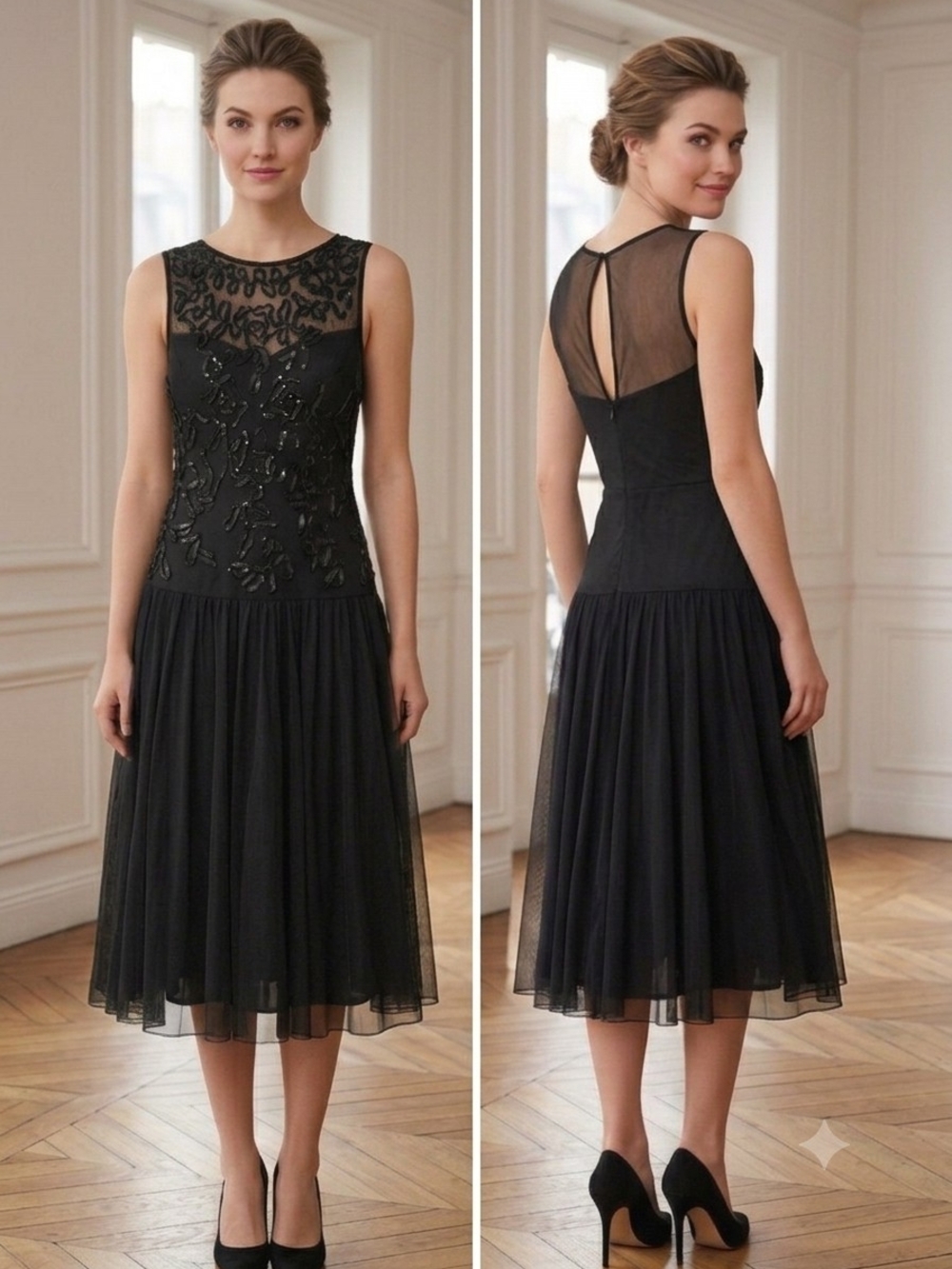 Vintage Onyx Nite Ribbon Embroidered Mesh Cocktail Dress - 18W Fits Like M/L
